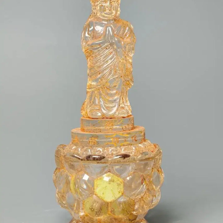 [BUNJANG] Goldsmith inscribed Celadon Porcelain Sarira Casket with Glass Buddha / 금채 명문 유리수정 합장불 사리함 (1) 골동품 불상 불교 고미술품