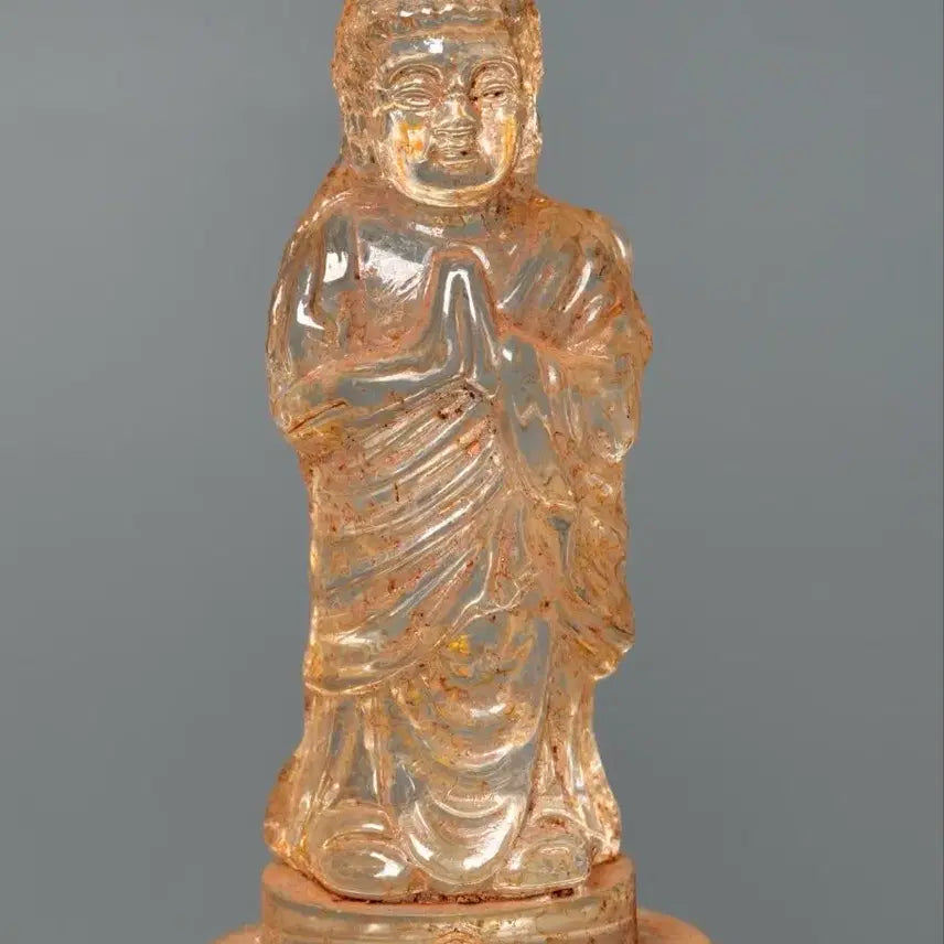 [BUNJANG] Goldsmith inscribed Celadon Porcelain Sarira Casket with Glass Buddha / 금채 명문 유리수정 합장불 사리함 (1) 골동품 불상 불교 고미술품