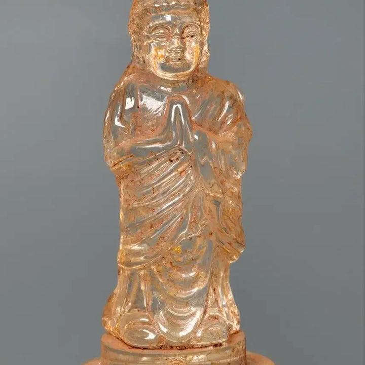 [BUNJANG] Goldsmith inscribed Celadon Porcelain Sarira Casket with Glass Buddha / 금채 명문 유리수정 합장불 사리함 (1) 골동품 불상 불교 고미술품