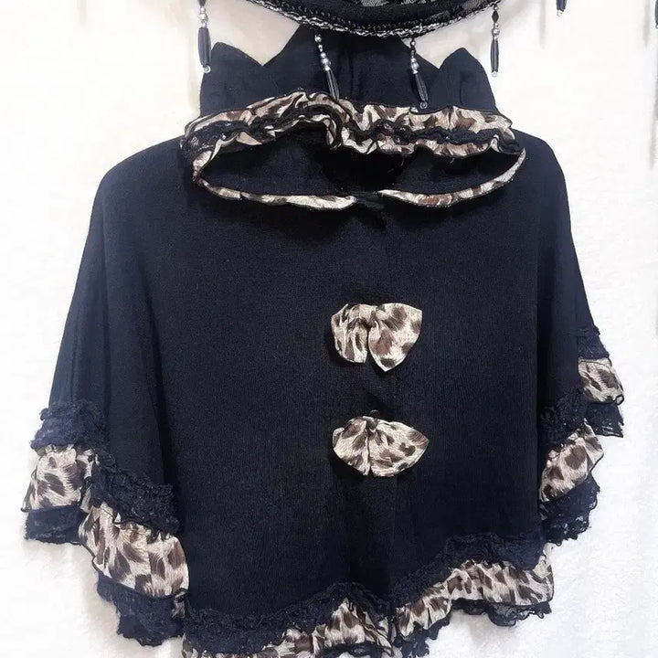[BUNJANG] Leopard Print Lace Frill Hooded Cape Poncho / 레오파드 호피 네코미미 오네갸루 레이스프릴 후드 케이프 판초 망토 펑크