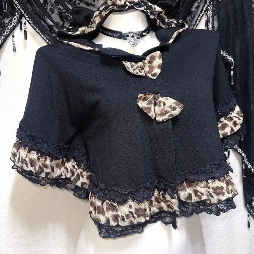 [BUNJANG] Leopard Print Lace Frill Hooded Cape Poncho / 레오파드 호피 네코미미 오네갸루 레이스프릴 후드 케이프 판초 망토 펑크
