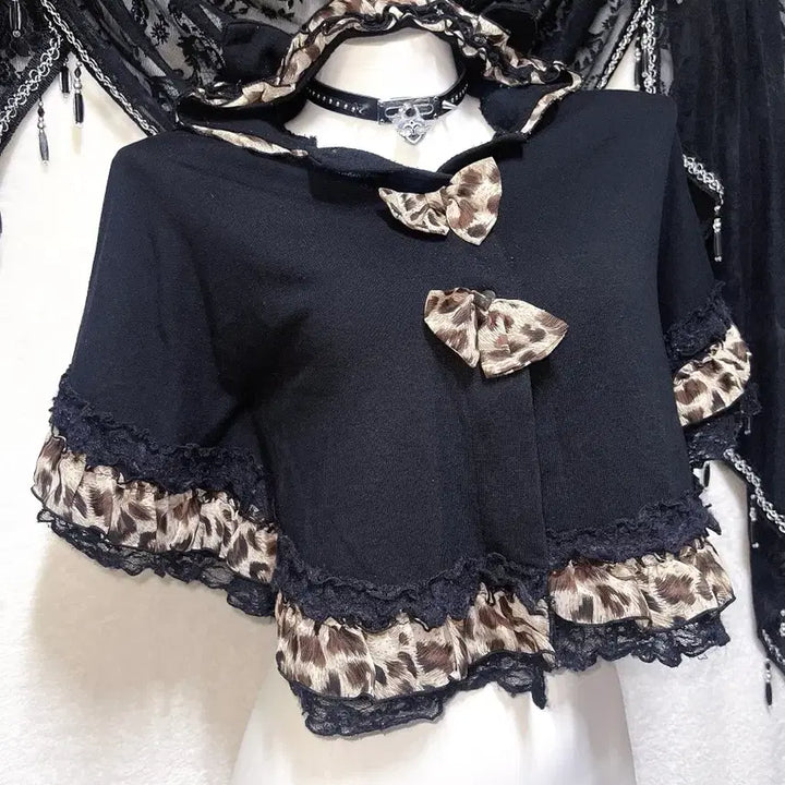 [BUNJANG] Leopard Print Lace Frill Hooded Cape Poncho / 레오파드 호피 네코미미 오네갸루 레이스프릴 후드 케이프 판초 망토 펑크