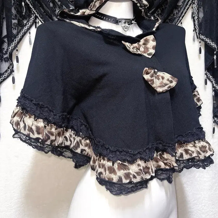 [BUNJANG] Leopard Print Lace Frill Hooded Cape Poncho / 레오파드 호피 네코미미 오네갸루 레이스프릴 후드 케이프 판초 망토 펑크