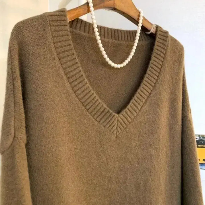 [BUNJANG] Brown V-Neck Knit Sweater / 브라운 브이넥 니트 스웨터