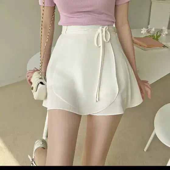 [BUNJANG] Chiffon Wrap Asymmetrical Ribbon Belt A-Line Skirt Pants (Black, M) / 에이블리 쉬폰 랩 언발 리본 벨트 A핏 치마바지 스커트 블랙 M