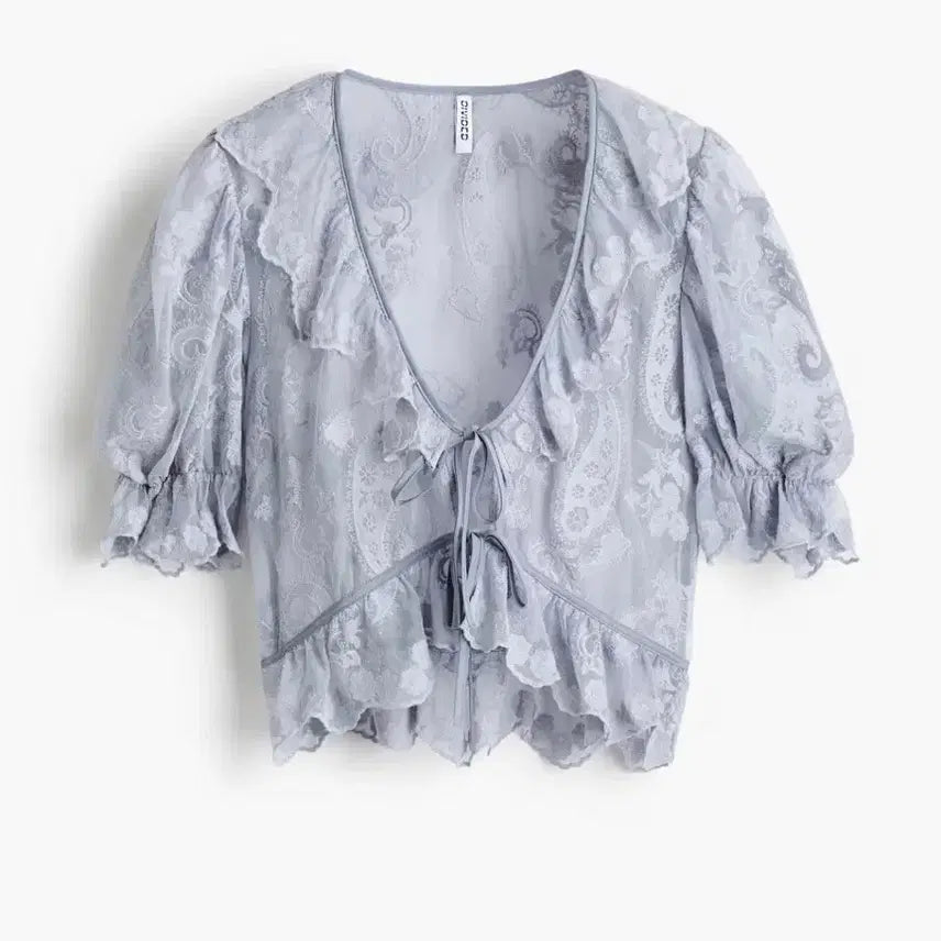 [BUNJANG] H&amp;M Mesh Blouse with Puff Sleeves and Frill Detail / (텍O, 완전 새제품) H&amp;M hm 에이치엔엠 블라우스