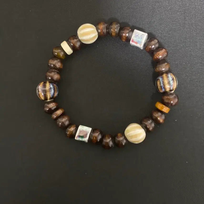 [BUNJANG] Vintage Wood &amp; Ceramic Bead Bohemian Handmade Bracelet / 빈티지 우드 비즈 팔찌