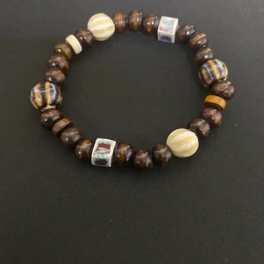[BUNJANG] Vintage Wood &amp; Ceramic Bead Bohemian Handmade Bracelet / 빈티지 우드 비즈 팔찌
