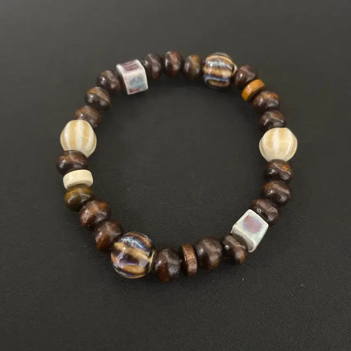 [BUNJANG] Vintage Wood &amp; Ceramic Bead Bohemian Handmade Bracelet / 빈티지 우드 비즈 팔찌