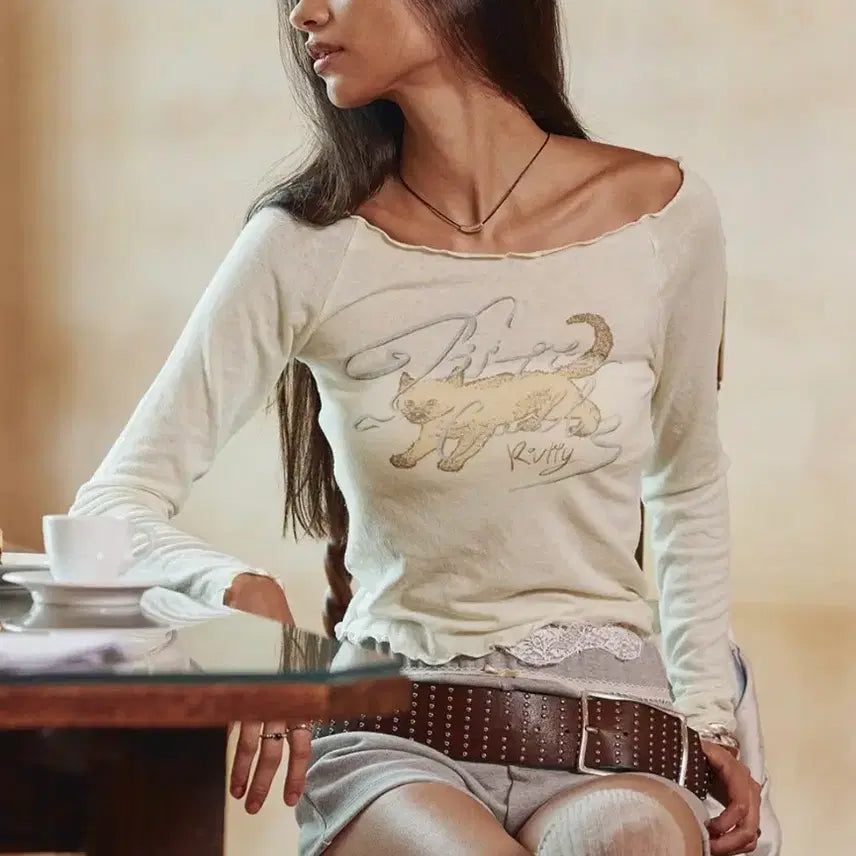 [BUNJANG] BitterCells Fog Cat Boatneck Longsleeve Ivory / 비터셀즈 포그 캣 보트넥 롱슬리브 아이보리