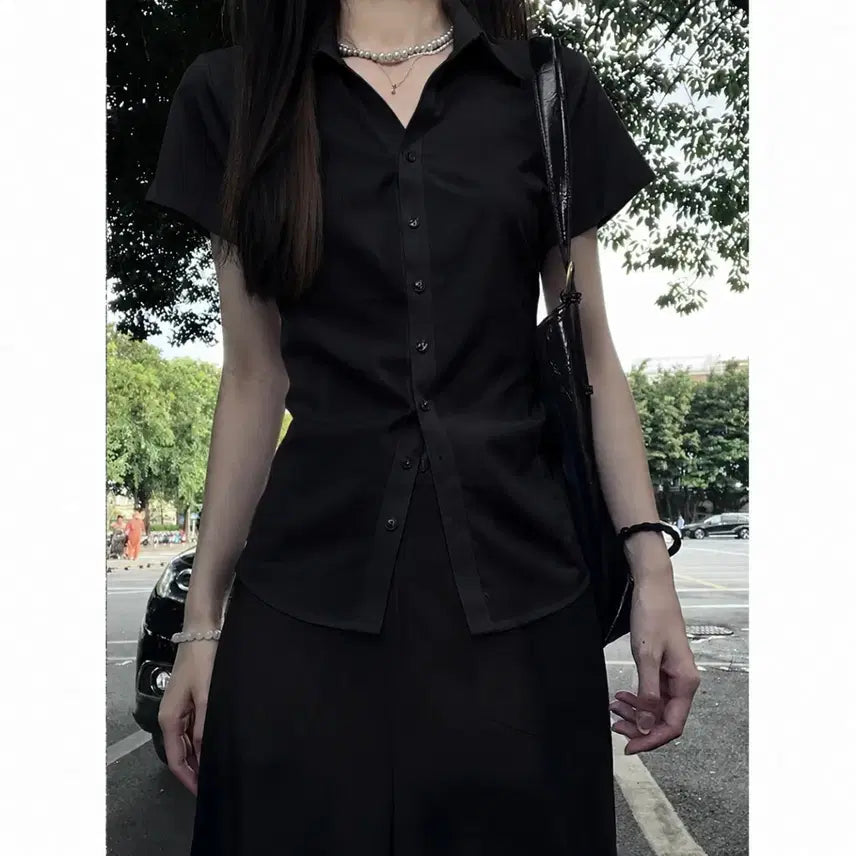 [BUNJANG] Black V-Neck Poly-Blend Shirt Blouse / 블랙 브이넥 폴리혼방셔츠 블라우스 남방 (여성용)