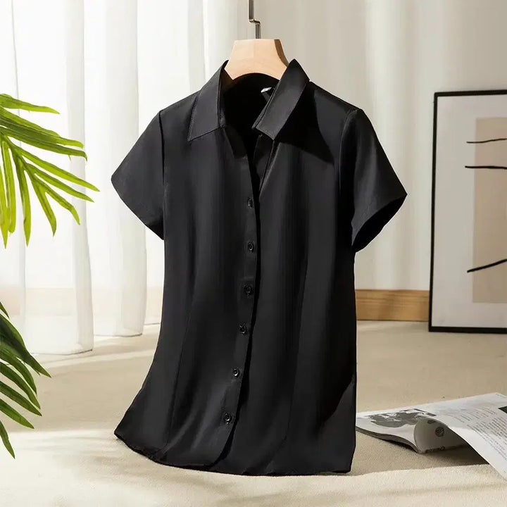 [BUNJANG] Black V-Neck Poly-Blend Shirt Blouse / 블랙 브이넥 폴리혼방셔츠 블라우스 남방 (여성용)