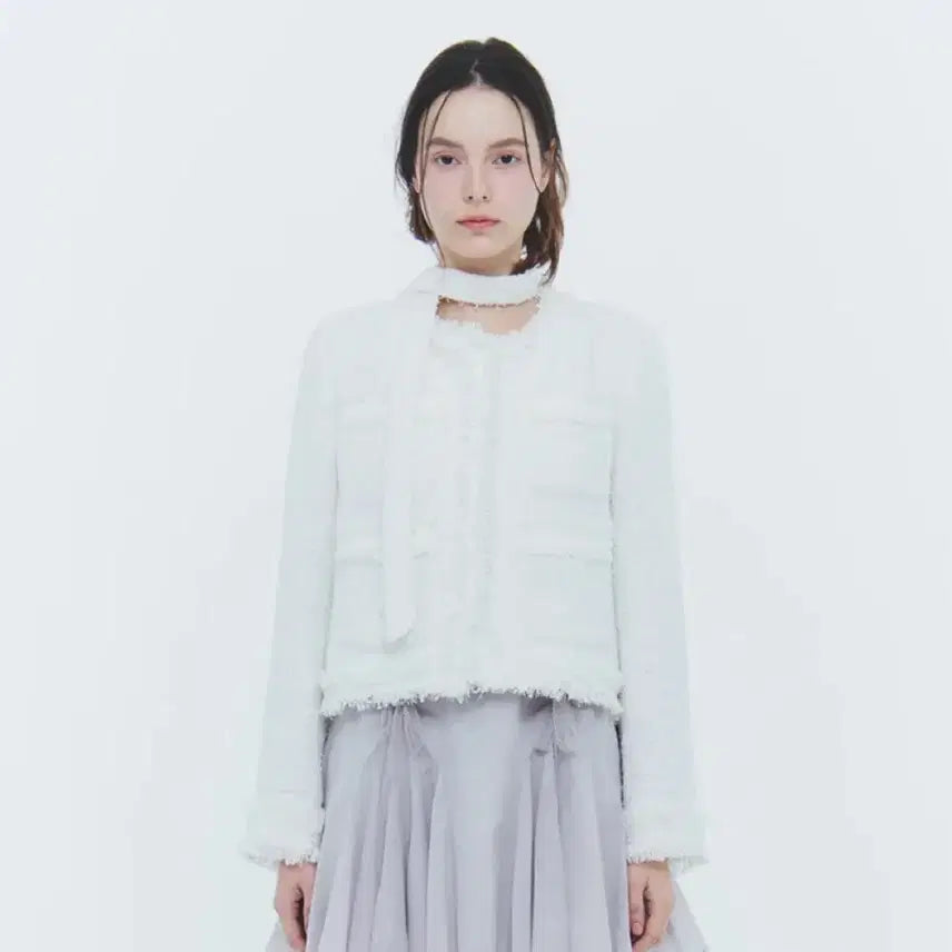 [BUNJANG] Pain Or Pleasure Lucy Tweed Scarf Jacket White / 페인오어플레져 루시 스카프 트위드 자켓 화이트