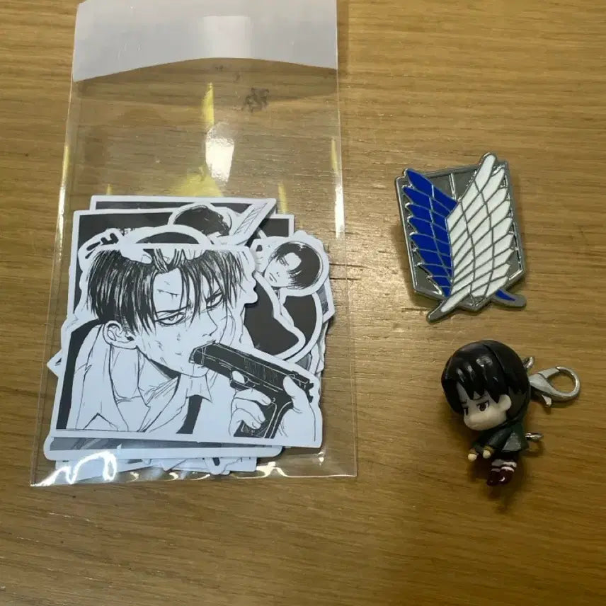 [BUNJANG] Attack on Titan Levi Sticker, Keychain, and Badge Bundle Set / 진격의거인 진격거 리바이 비공굿 스티커 키링 뱃지