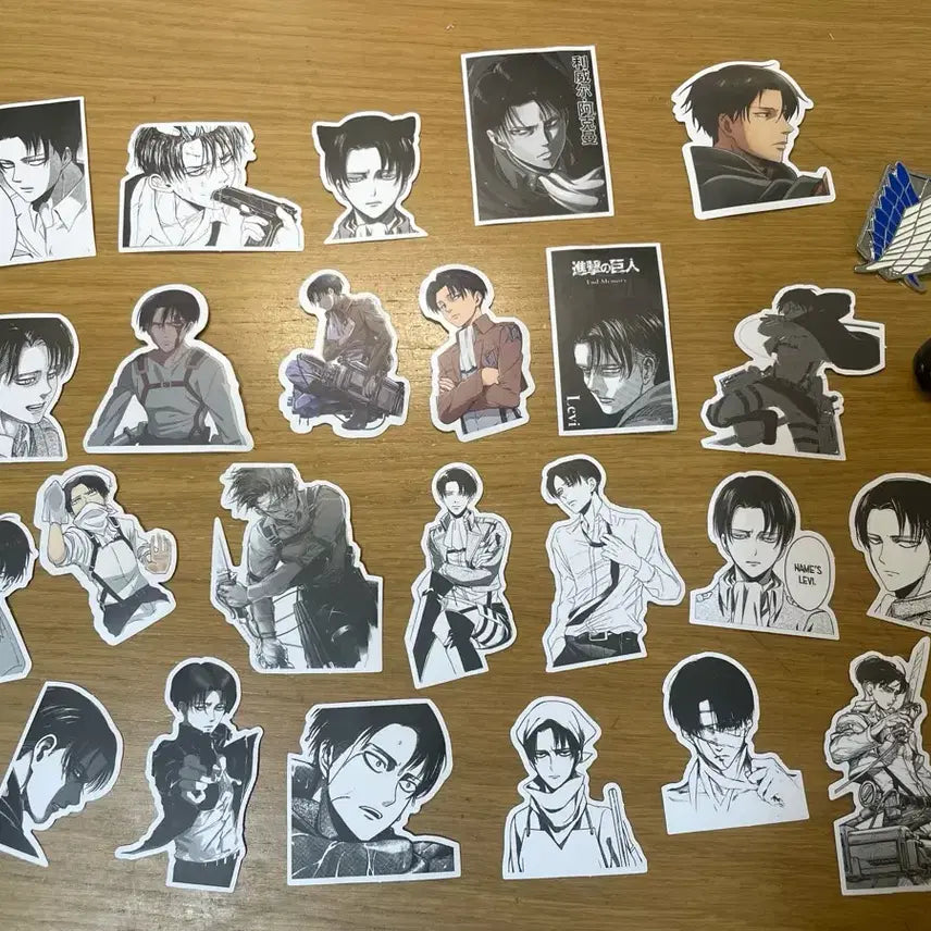 [BUNJANG] Attack on Titan Levi Sticker, Keychain, and Badge Bundle Set / 진격의거인 진격거 리바이 비공굿 스티커 키링 뱃지