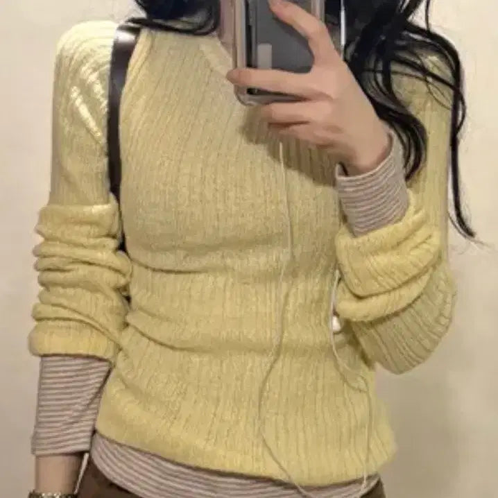 [BUNJANG] Ribbed Round Neck Wool Knit - Yellow / 골지 라운드 울니트 노랑색 니트