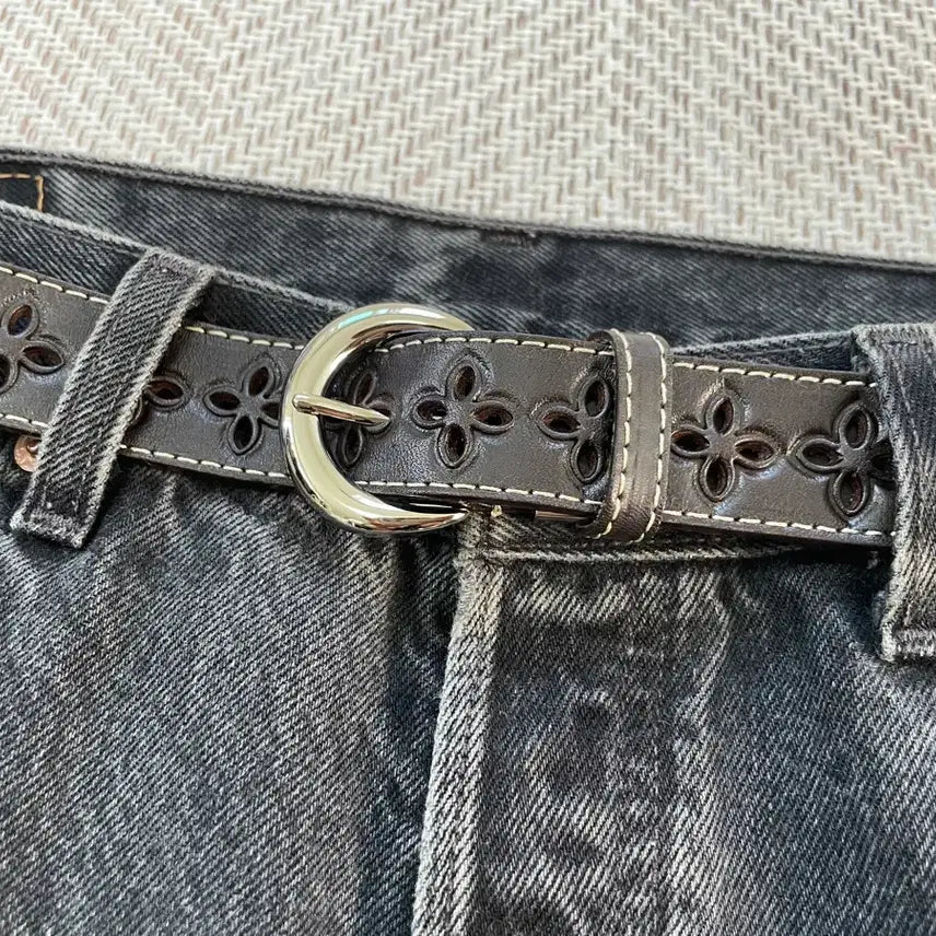 [BUNJANG] Vintage Floral Punch Leather Slim Belt / 빈티지 플로럴 펀칭 레더 슬림 벨트
