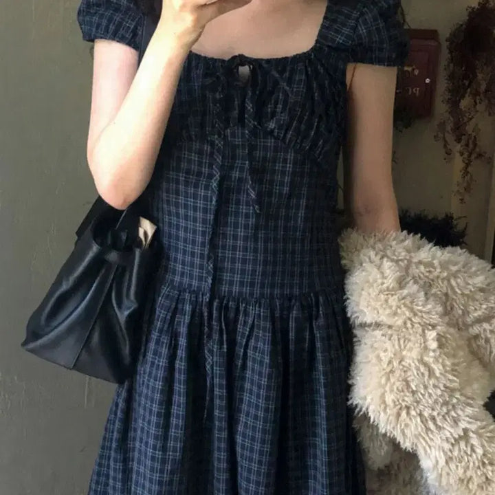 [BUNJANG] Spring Comma Boutique Checkered Square Eyelet Long Dress / [새상품] 스프링콤마 부티크 체크스퀘어아일렛롱원피스
