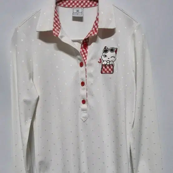 [BUNJANG] Rings White Long-Sleeve Polo Shirt Polka Dot Cat Embroidery Size 85 / 링스 흰색 긴팔 카라티 땡땡이 패턴 고양이 자수 85