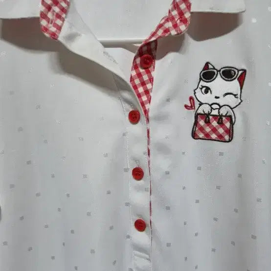 [BUNJANG] Rings White Long-Sleeve Polo Shirt Polka Dot Cat Embroidery Size 85 / 링스 흰색 긴팔 카라티 땡땡이 패턴 고양이 자수 85