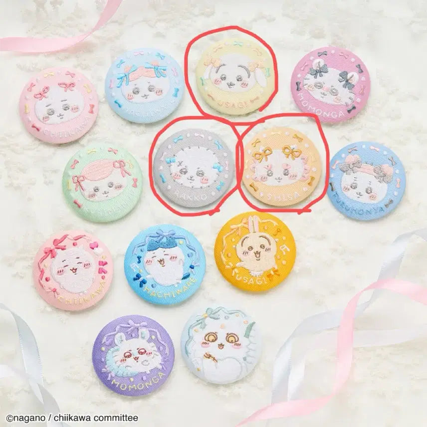 [BUNJANG] Chiikawa Embroidered Can Badge Set (Usagi, Shisa, Racco) - New / 치이카와 자수 캔뱃지 우사기+시사+랏코 새상품