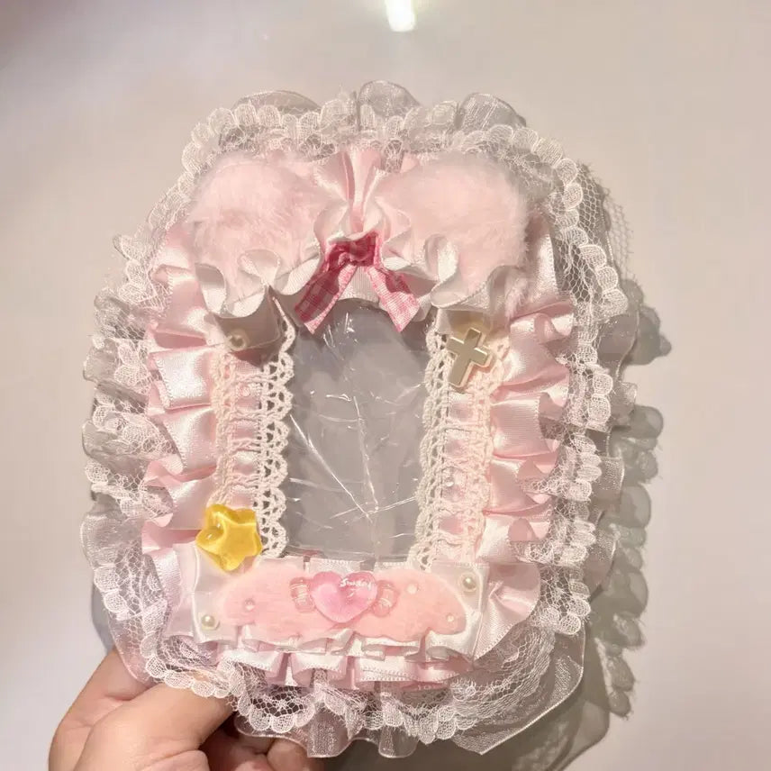 [BUNJANG] Handmade Pink &amp; White Lace Photocard Holder Deco / 핑크 화이트 레이스 탑꾸 탑로더 꾸미기 핸드메이드 포카홀더