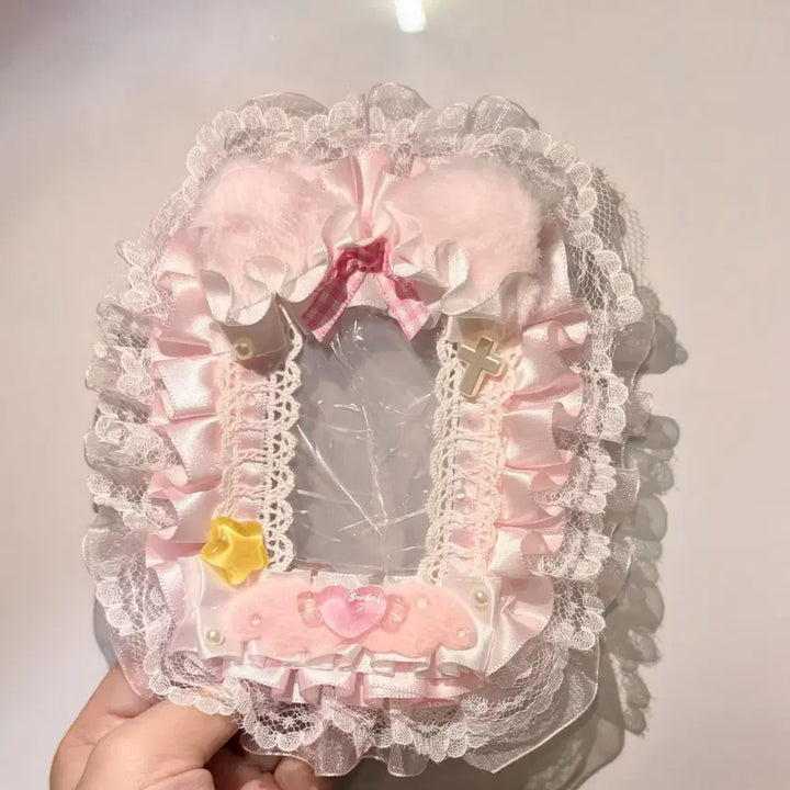[BUNJANG] Handmade Pink &amp; White Lace Photocard Holder Deco / 핑크 화이트 레이스 탑꾸 탑로더 꾸미기 핸드메이드 포카홀더