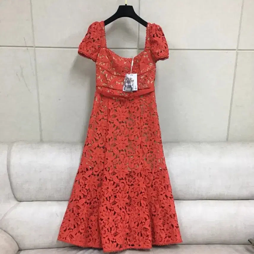 [BUNJANG] Self-Portrait Authentic Lace Puff Sleeve Square Neck Belted Long Dress / (새제품)셀프포트레이트 정품 고급 레이스 반팔 퍼프 스퀘어 벨트 롱원피스