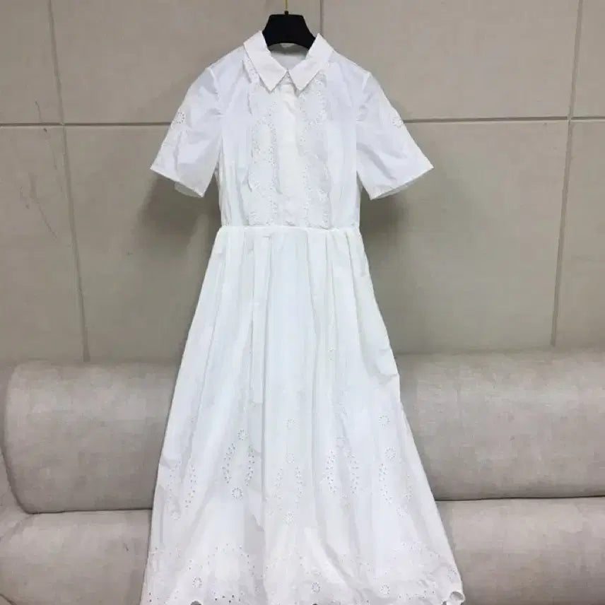 [BUNJANG] Self-Portrait White Punching Lace Short-Sleeve Shirt Collar Long Dress / (정품) 셀프포트레이트 화이트 펀칭 레이스장식  반팔 셔츠카라 롱원피스