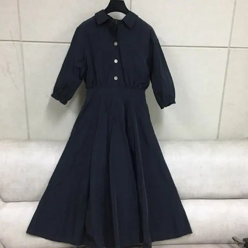 [BUNJANG] JIGOTT Navy 5-Sleeve Shirt Collar Long Dress / (텍체새상품)JIGOTT 지고트 5부소매 네이비 셔츠카라 롱원피스