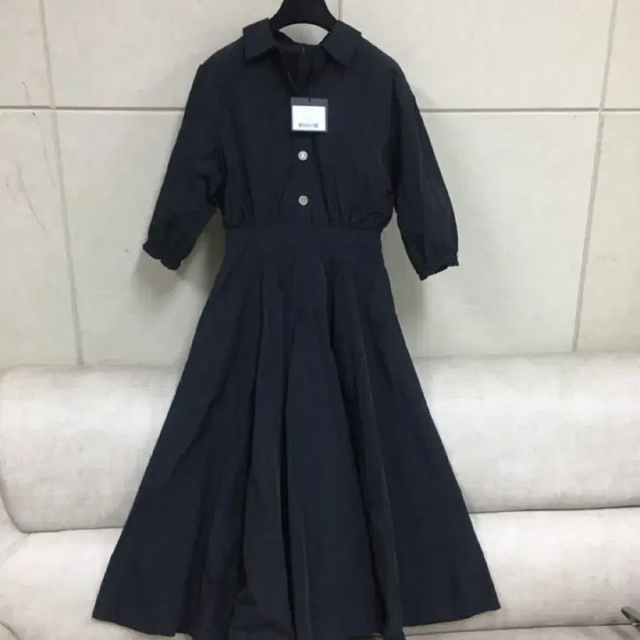 [BUNJANG] JIGOTT Navy 5-Sleeve Shirt Collar Long Dress / (텍체새상품)JIGOTT 지고트 5부소매 네이비 셔츠카라 롱원피스