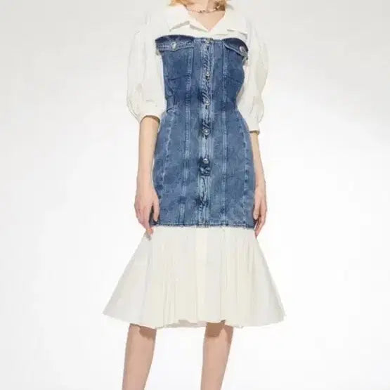 [BUNJANG] 23FW The Handsome Objet Denim Panel Frill Shirt Long Dress / 23년/한섬 오브제 정품 데님 배색 프릴 셔츠 롱원피스