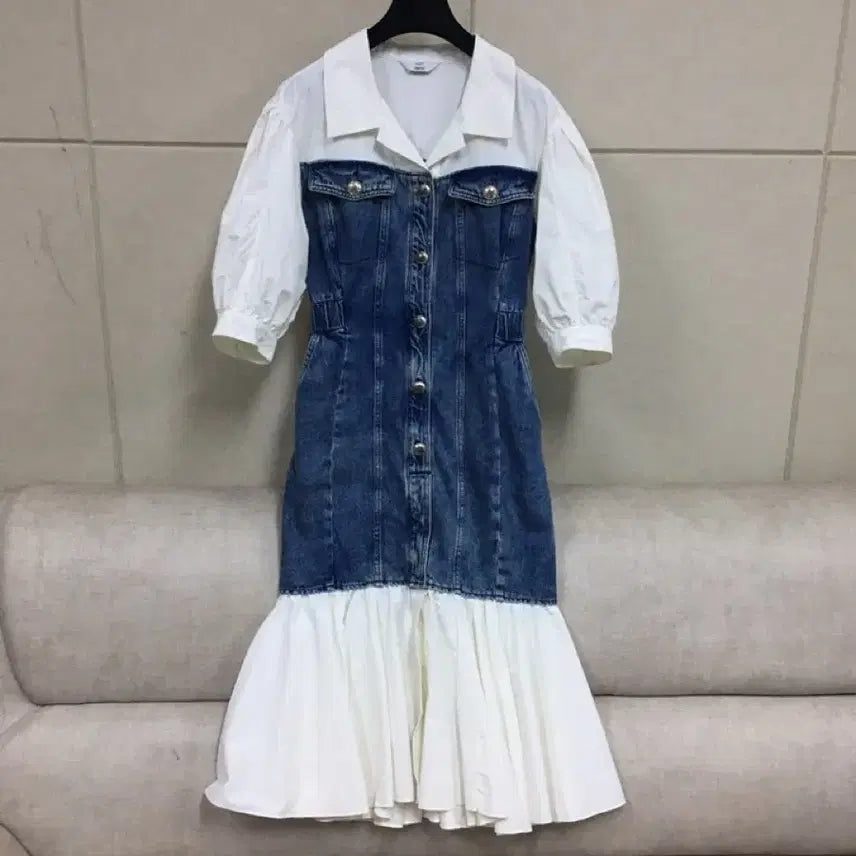 [BUNJANG] 23FW The Handsome Objet Denim Panel Frill Shirt Long Dress / 23년/한섬 오브제 정품 데님 배색 프릴 셔츠 롱원피스