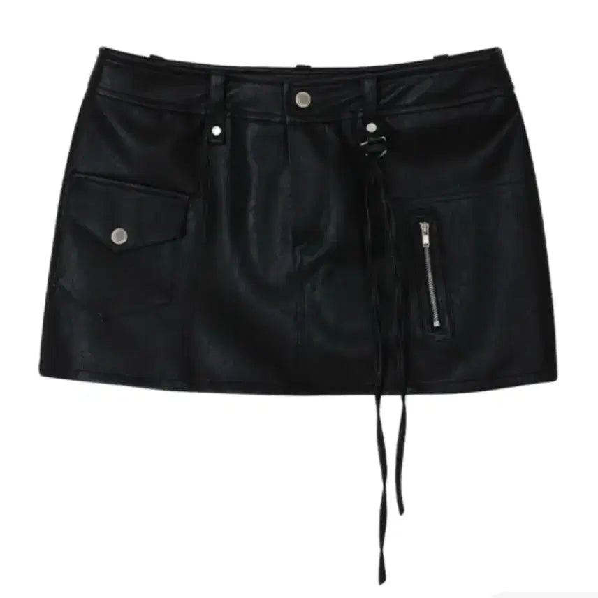[BUNJANG] Bohemian Seoul Low-Rise Cargo Leather Mini Skirt Black / 보헤미안 서울 로우 카고 레더 미니 스커트 블랙