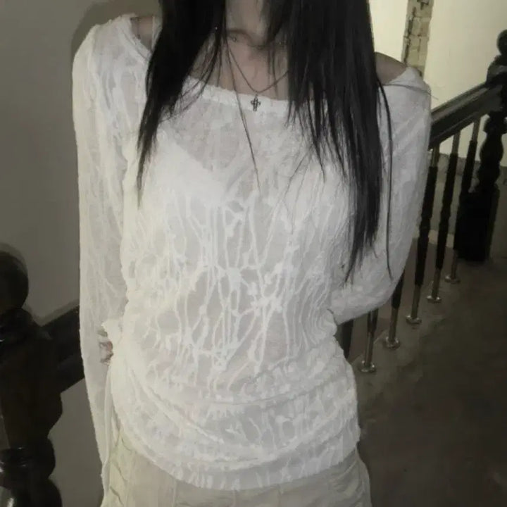 [BUNJANG] White See-through Shirring Long Sleeve T-Shirt / 새상품 화이트 시스루 셔링 긴팔 티셔츠