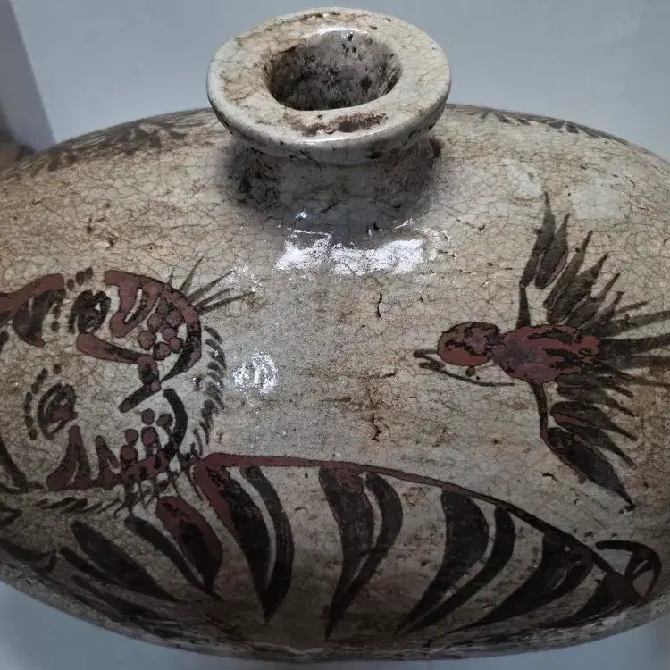 [BUNJANG] Large Joseon Dynasty Iron-Painted Magpie and Tiger General Jar (38cm Width, 30cm Height, 6.1kg) / 대형 송대 철화 까치호랑이 장군병  가로38cm세로30cm무게6.1kg
