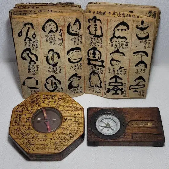 [BUNJANG] Antique Korean Geomancy Manuscript, Compass, and Palgack Pyeolcheon Set / 풍수지리(명당?)필사본.옛날나침반.패철(윤도)3점구성