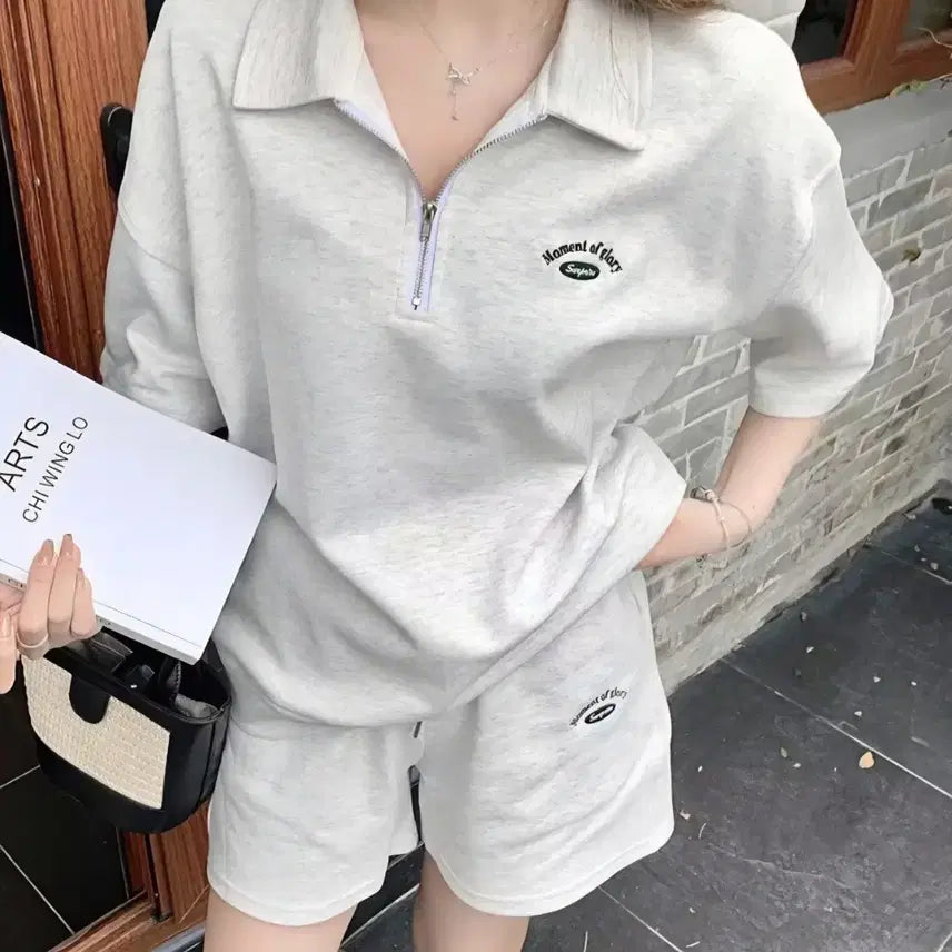 [BUNJANG] Natural Half-Zip Up T-shirt + Shorts Set / 내추럴 하프집업티 +반바지세트 (무료배송)
