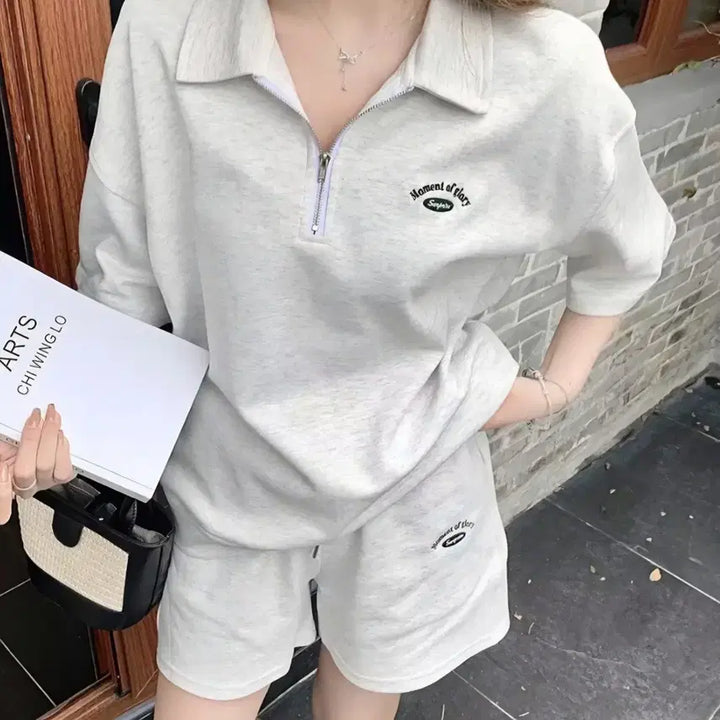 [BUNJANG] Natural Half-Zip Up T-shirt + Shorts Set / 내추럴 하프집업티 +반바지세트 (무료배송)