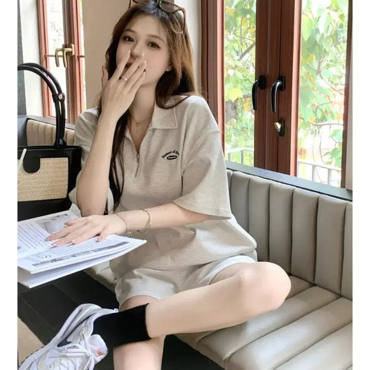 [BUNJANG] Natural Half-Zip Up T-shirt + Shorts Set / 내추럴 하프집업티 +반바지세트 (무료배송)