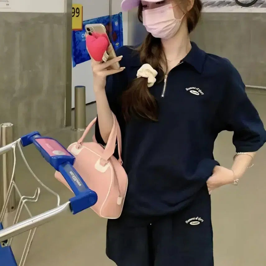 [BUNJANG] Natural Half-Zip Up T-shirt + Shorts Set / 내추럴 하프집업티 +반바지세트 (무료배송)