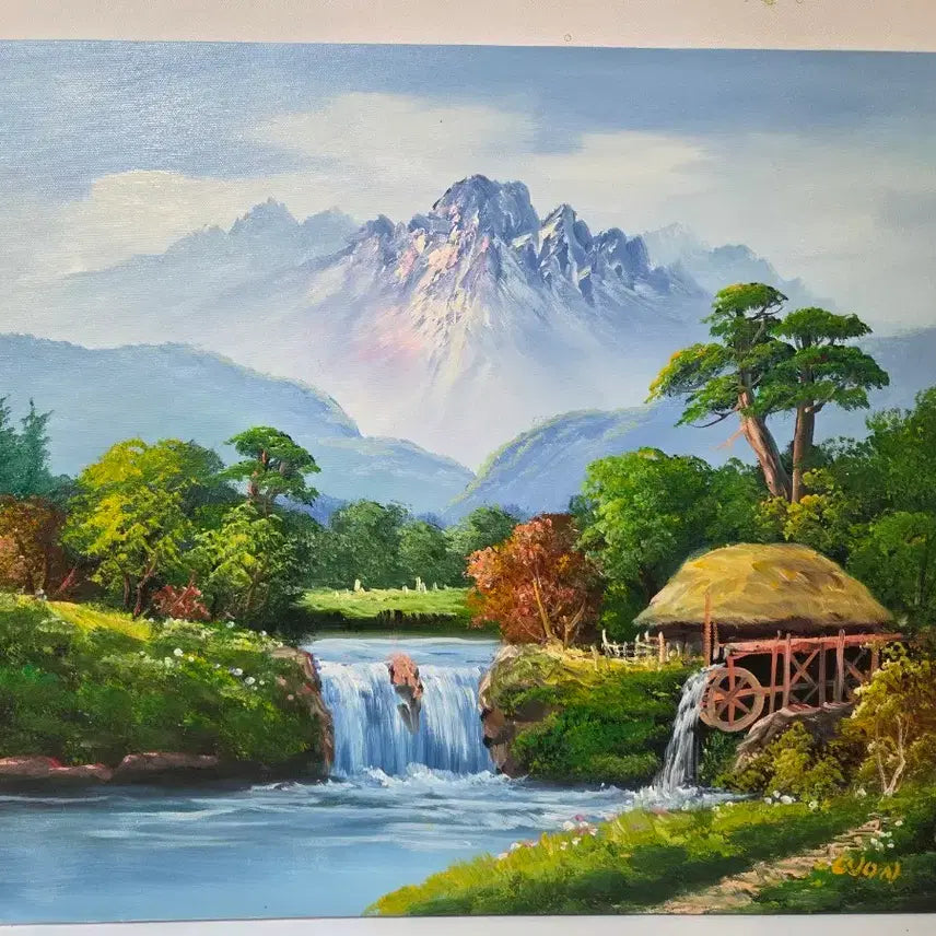 [BUNJANG] Won Jeong-muk Oil Painting Landscape Waterfall Thatched House Ink Wash Painting / 원정묵 화가 유화 산수화 폭포 초가집 수묵화