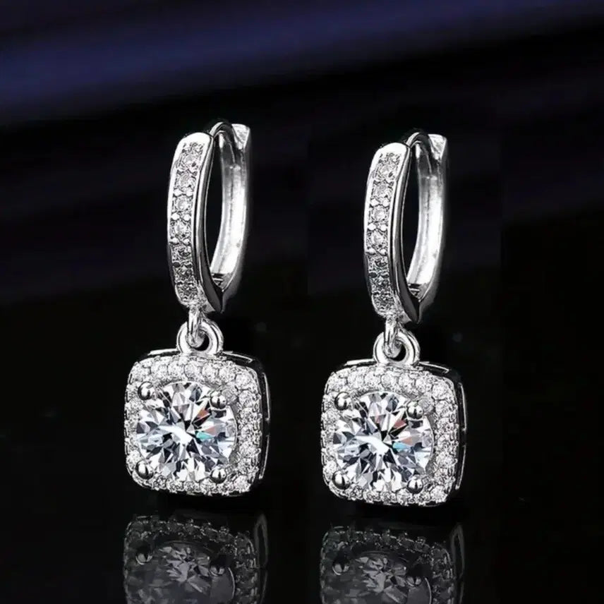 [BUNJANG] White Gold Plated Faux Diamond Square Drop One-Touch Earrings / [새상품] 화이트도금 모조다이아 스퀘어 드롭 원터치 귀걸이 