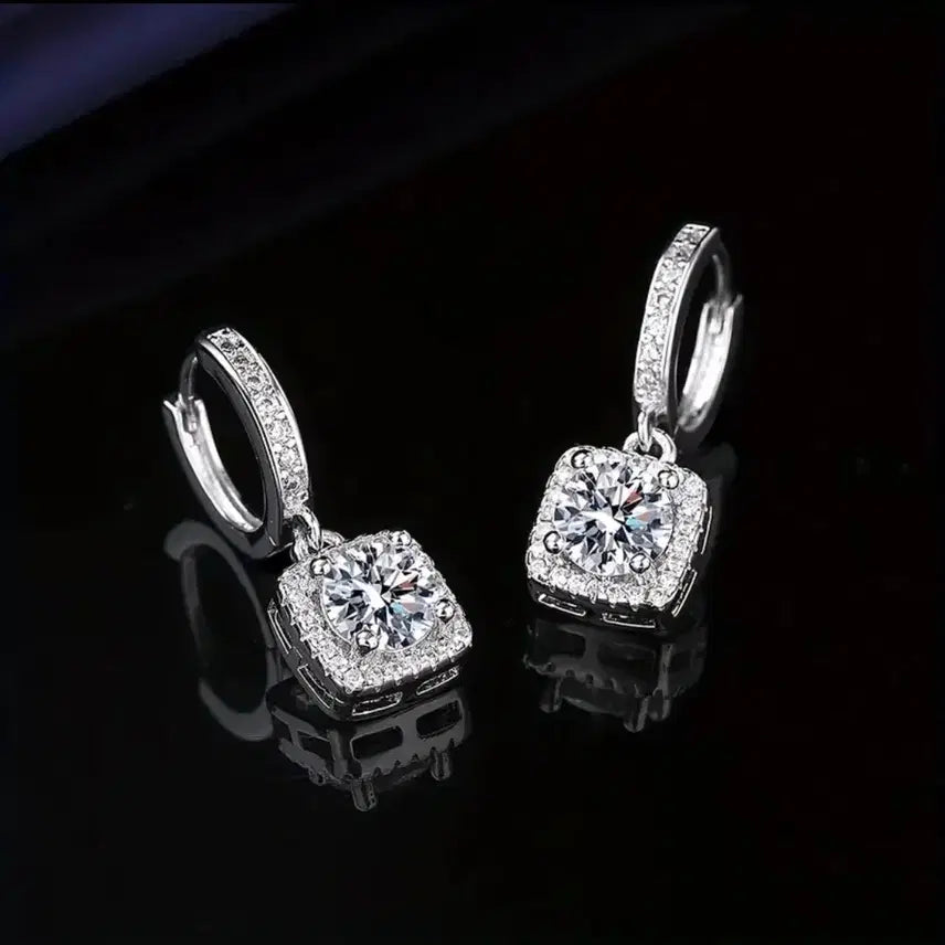 [BUNJANG] White Gold Plated Faux Diamond Square Drop One-Touch Earrings / [새상품] 화이트도금 모조다이아 스퀘어 드롭 원터치 귀걸이 