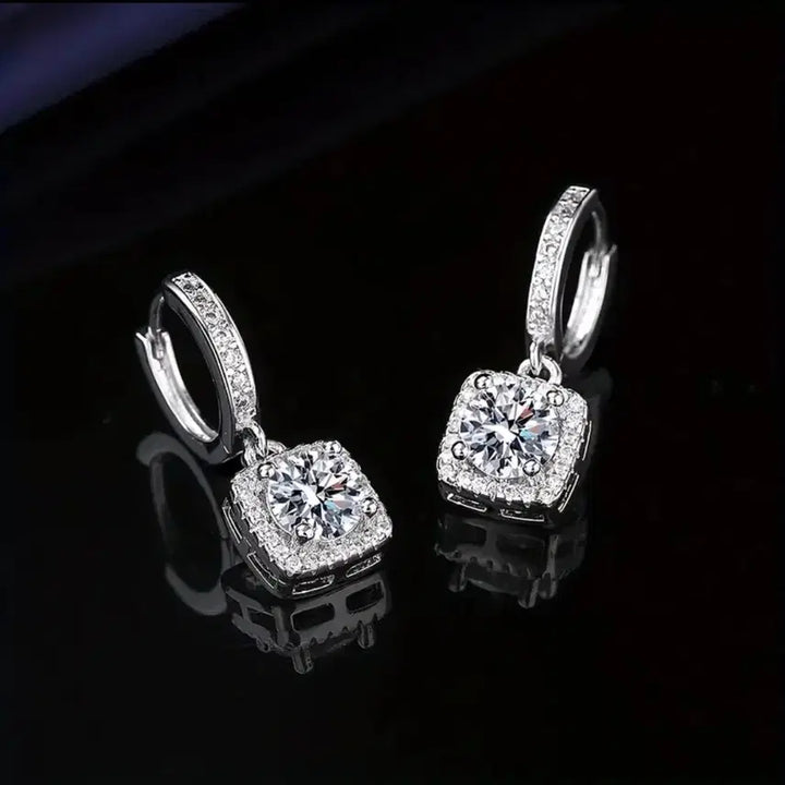 [BUNJANG] White Gold Plated Faux Diamond Square Drop One-Touch Earrings / [새상품] 화이트도금 모조다이아 스퀘어 드롭 원터치 귀걸이 