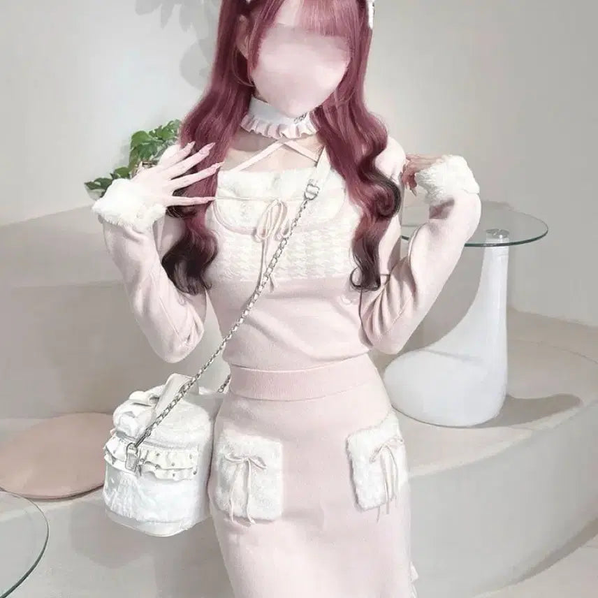 [BUNJANG] Check Strap Tight One-Piece, Big Ribbon Chidori Ensemble One-Piece, Choker Fur Pocket Setup, New Big Ribbon Chidori Ensemble Top / 구함// 허니뮤 흰핑