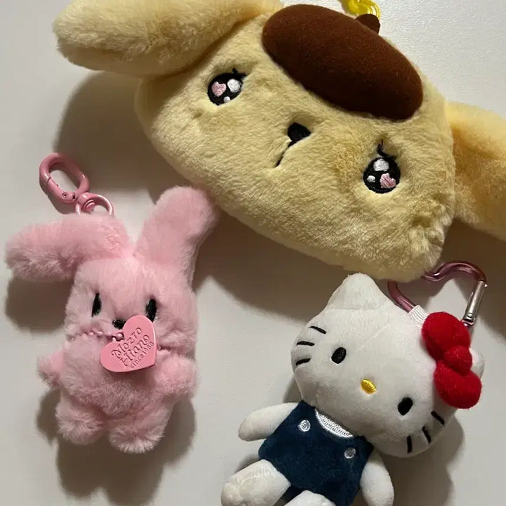 [BUNJANG] Sanrio Hello Kitty &amp; Pom Pom Purin Pouch Keychain &amp; Plush Doll Set / 헬로키티 폼폼푸린파우치 키링 인형 정품