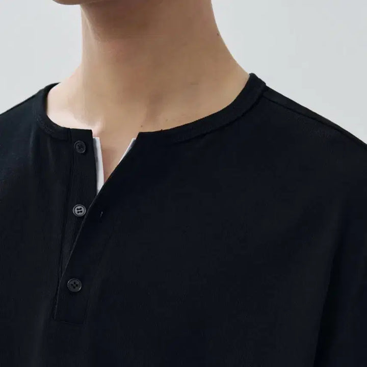 [BUNJANG] Alice Live Layered Henleys Half T-shirt Black / 알리스 리브드 레이어드 헨리넥 하프 티셔츠 블랙