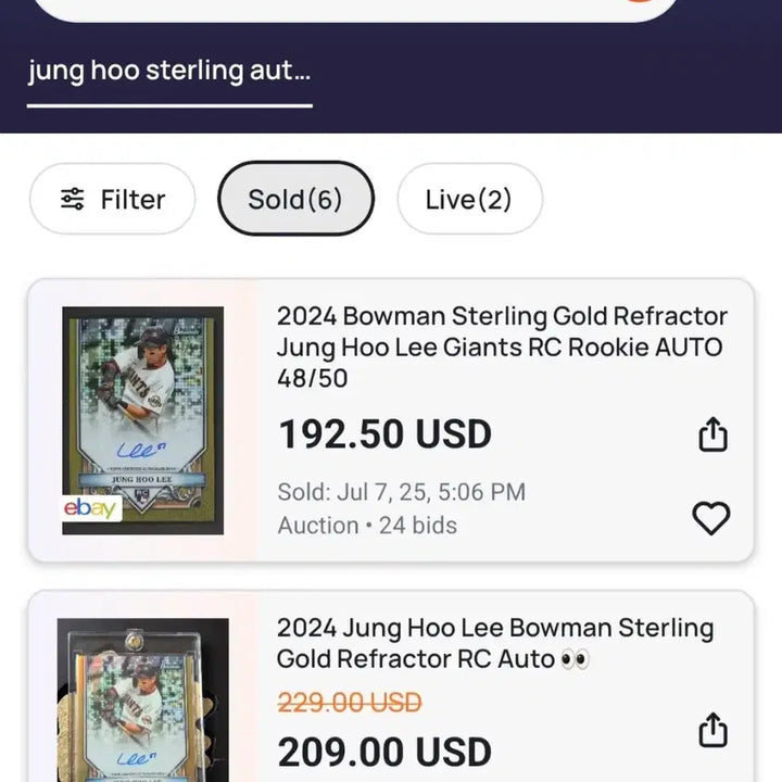 [SOLD OUT] MLB 2024 바우만 스터링 이정후 루키 50한정 50번 골드오토카드