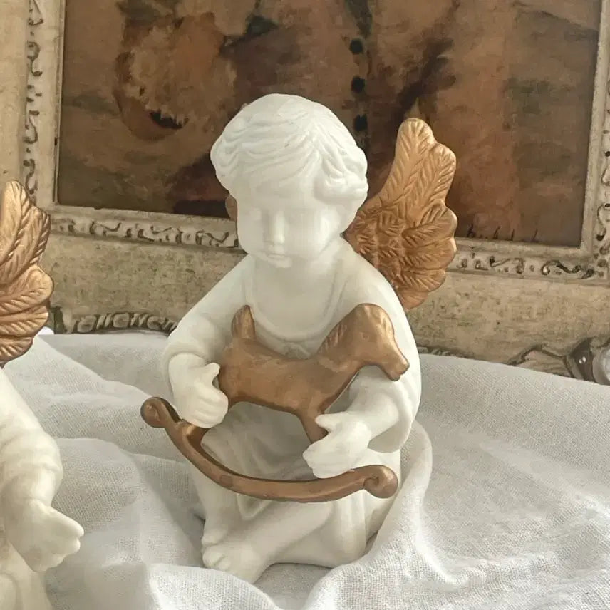 [BUNJANG] Antique Porcelain Angel Figurines Set with Teddy Bear and Rocking Horse / 엔틱 빈티지 포셀린 천사 피겨린 세트